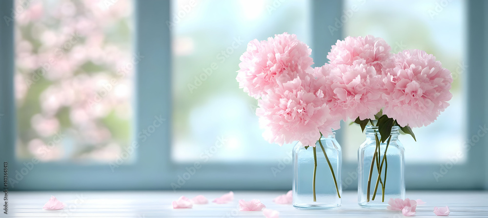 Two Glass Vases Displaying Pink Carnations with Window Background In Soft Lighting