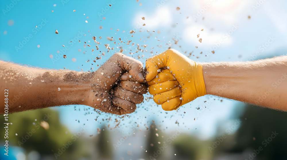 Two Fists Bumping One with Yellow Glove and Another Covered with Soil Under Bright Sunlight And Clear Sky Outdoor