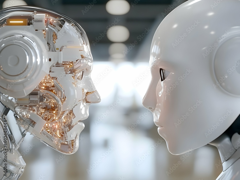 Two Futuristic Humanoid Robots Face to Face with Chrome and White Finish in a Blurred Light Filled Background