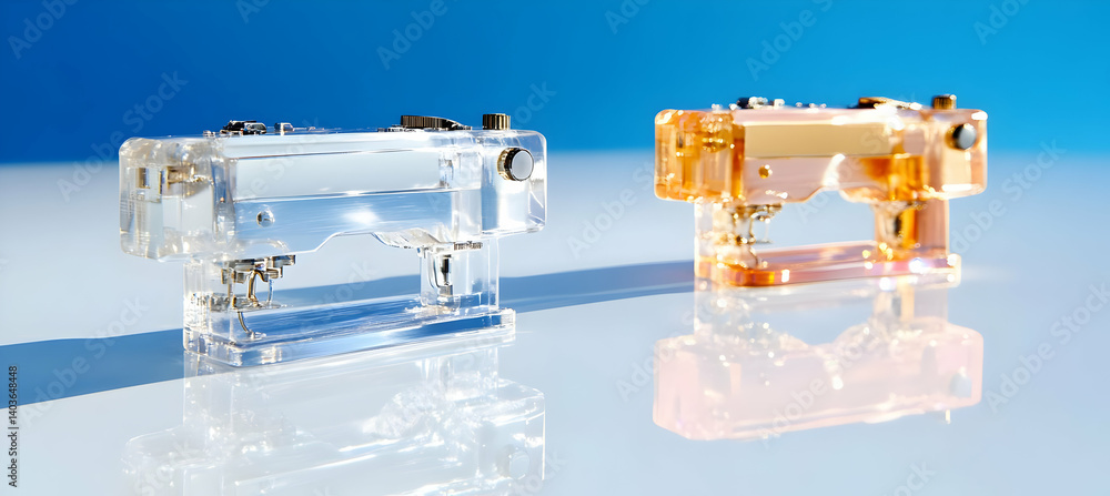 Two Geometric Crystal Shapes with Clear and Amber Tones Reflecting on a Light Surface Against a Blue Background