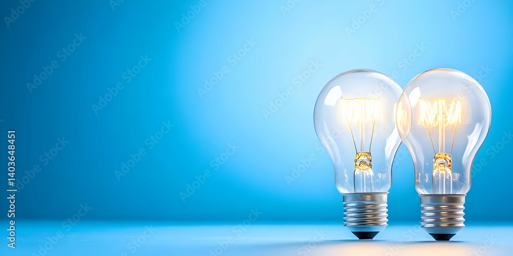 Two Glass Light Bulbs Illuminated On Blue Background Symbolizing Ideas And Energy
