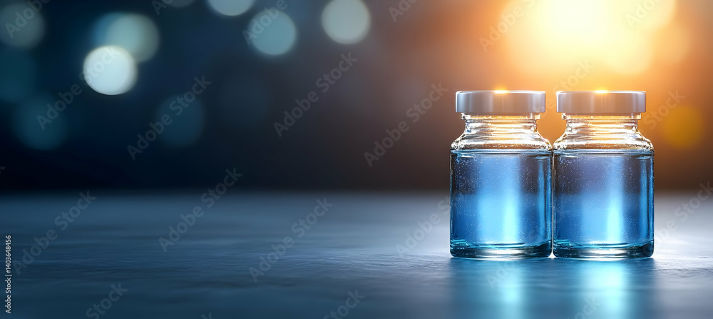 Two Glass Vials Filled with Blue Liquid Under Dramatic Lighting for Medical Research and Pharmaceutical Development