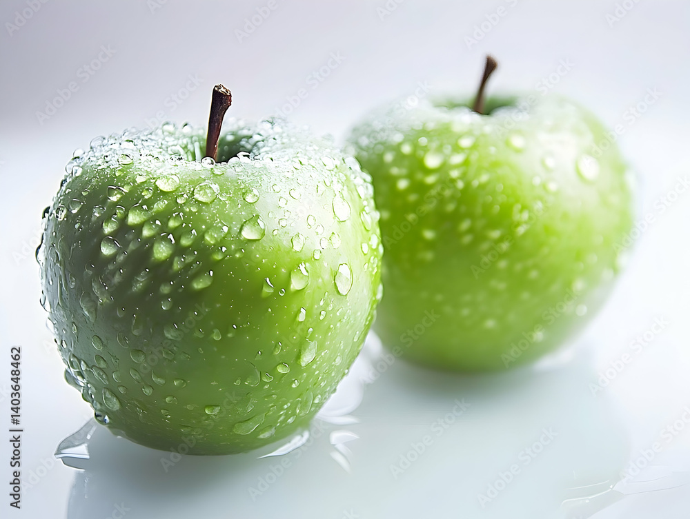 Two Fresh Green Apples Covered with Water Droplets on White Background
