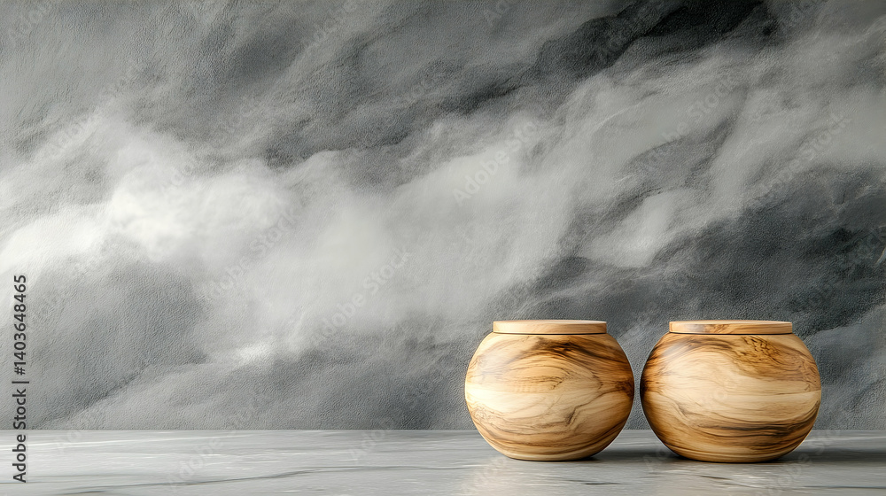 Two Elegant Wooden Bells Showcased on a Gray Textured Background with Rustic and Decorative Design
