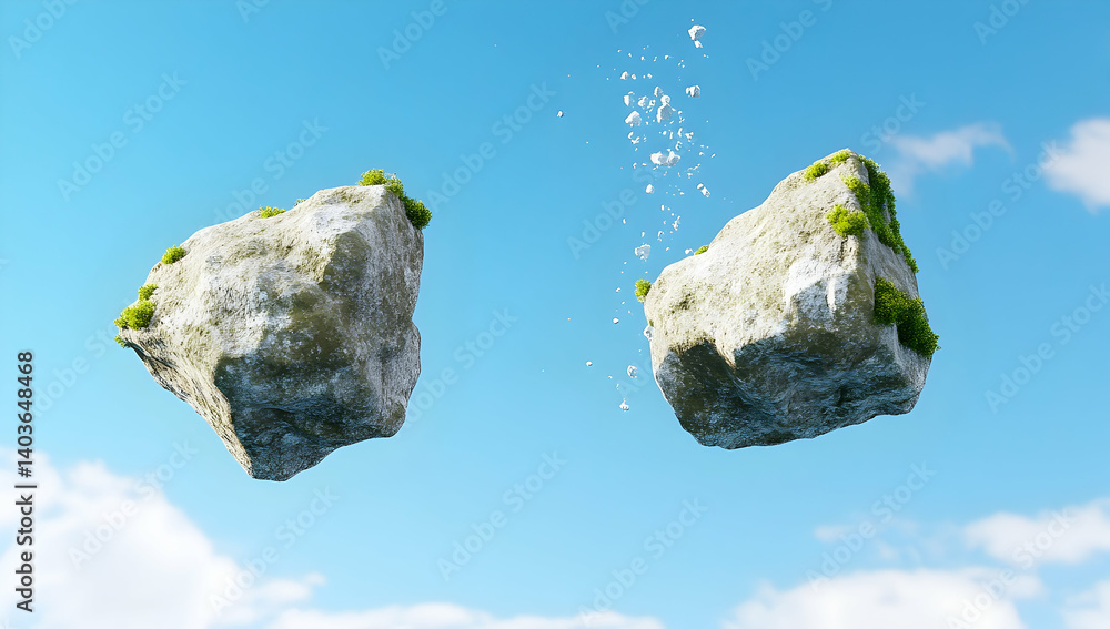 Two Floating Islands with Waterfalls and Lush Greenery against Cloudy Blue Sky in Daylight