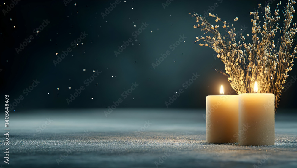 Two Glowing Candles Illuminating a Dark Surface with Decorative Branches and Sparkling Light for a Festive and Elegant Mood