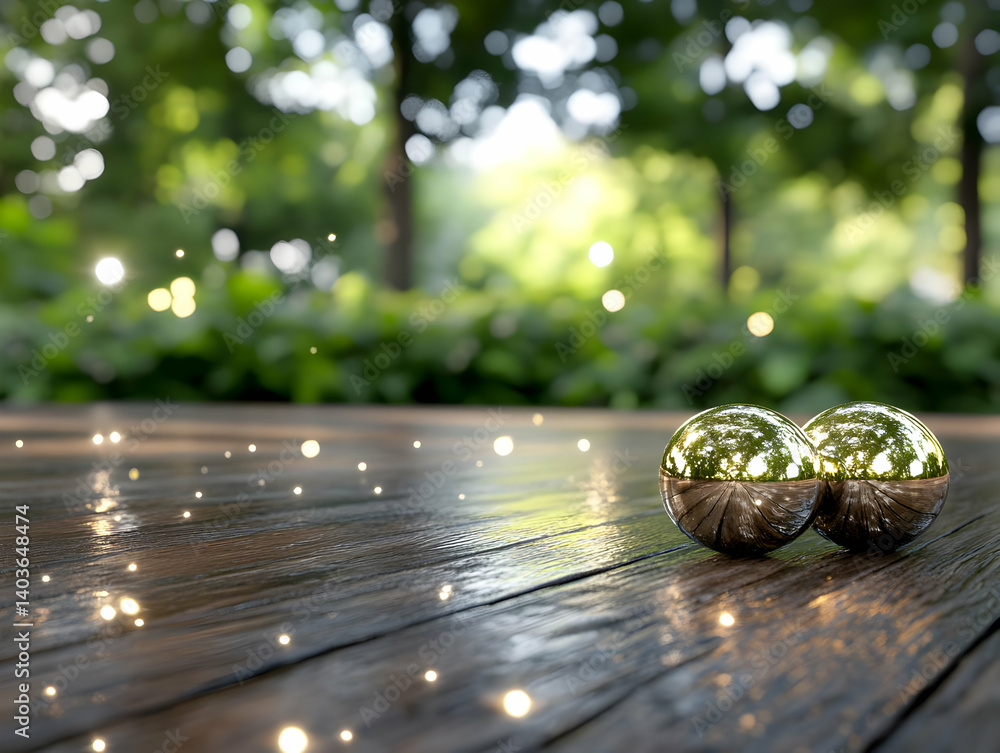 Two Golden Orbs Glowing on Wooden Surface with Bokeh and Green Forest Background