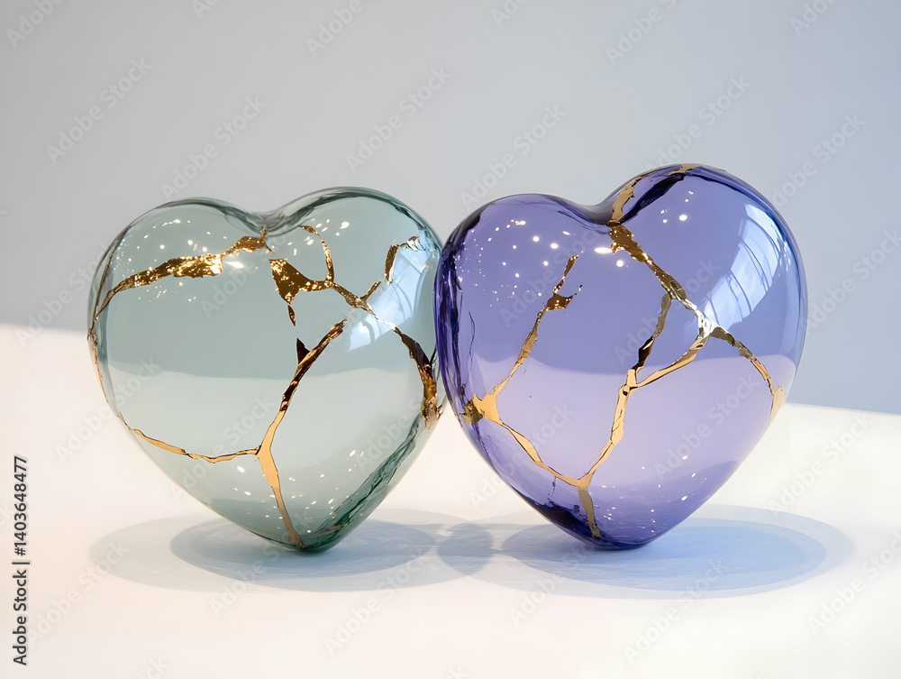 Two Glossy Heart Shaped Objects Mended with Golden Kintsugi in Soft Lighting on White Surface