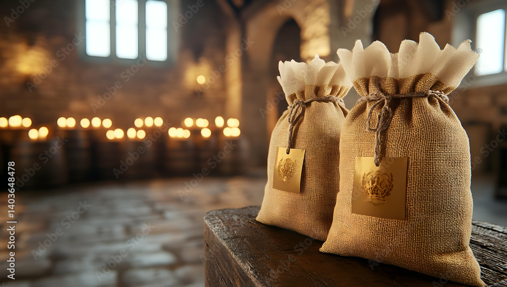 Two Gold Fabric Bags with Golden Tag on Wooden Table in the Castle Interior with Candles
