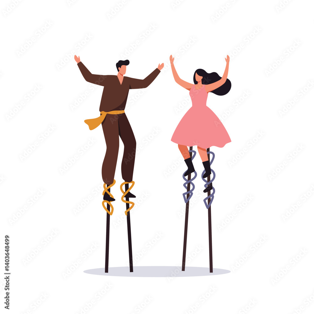 Fototapeta premium Two people joyfully dancing on stilts in a playful outdoor setting