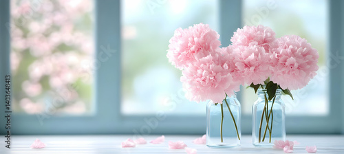 Obraz na płótnie Two Glass Vases Displaying Pink Carnations with Window Background In Soft Lighting w salonie