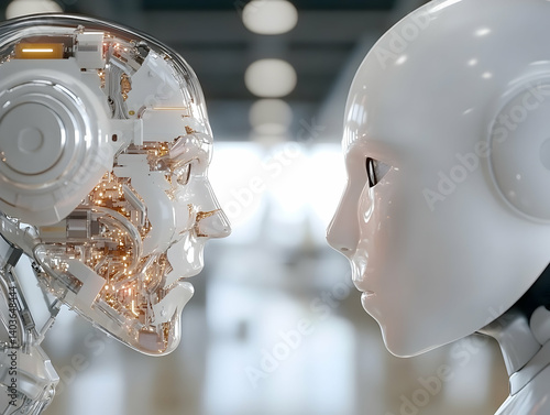 Obraz na płótnie Two Futuristic Humanoid Robots Face to Face with Chrome and White Finish in a Blurred Light Filled Background w salonie