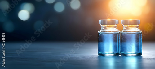 Obraz na płótnie Two Glass Vials Filled with Blue Liquid Under Dramatic Lighting for Medical Research and Pharmaceutical Development w salonie