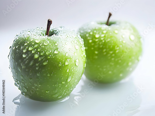 Obraz na płótnie Two Fresh Green Apples Covered with Water Droplets on White Background w salonie