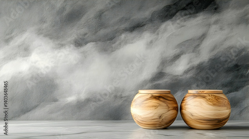 Obraz na płótnie Two Elegant Wooden Bells Showcased on a Gray Textured Background with Rustic and Decorative Design w salonie