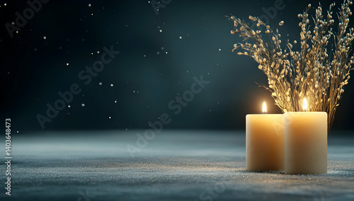 Obraz na płótnie Two Glowing Candles Illuminating a Dark Surface with Decorative Branches and Sparkling Light for a Festive and Elegant Mood w salonie