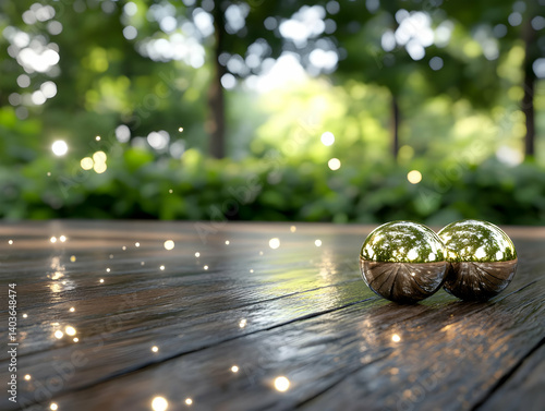 Obraz na płótnie Two Golden Orbs Glowing on Wooden Surface with Bokeh and Green Forest Background w salonie