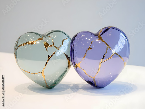 Obraz na płótnie Two Glossy Heart Shaped Objects Mended with Golden Kintsugi in Soft Lighting on White Surface w salonie