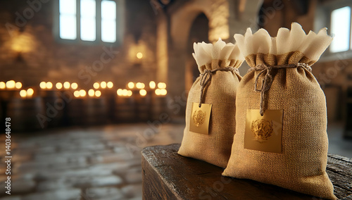 Obraz na płótnie Two Gold Fabric Bags with Golden Tag on Wooden Table in the Castle Interior with Candles w salonie