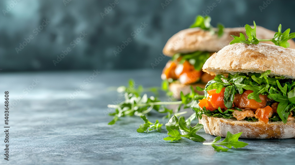 Two Healthy Fresh Sandwiches with Arugula Tomato on Rustic Blue Gray Background in Studio Shot