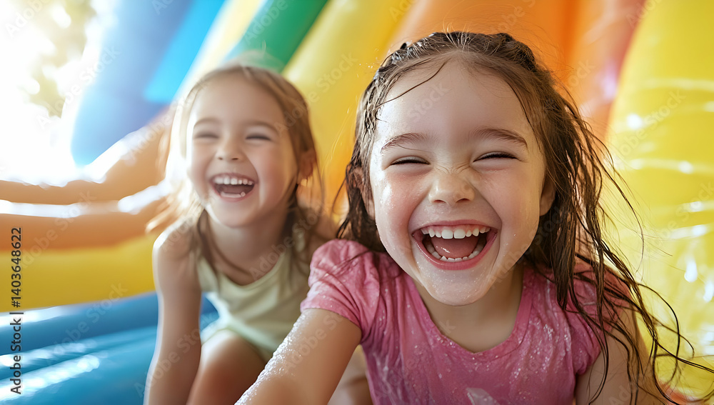 Two Happy Young Girls Laughing and Playing in Splashing Water on Bright Sunny Day with Inflatable Slide in Background