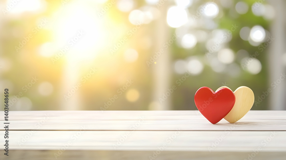 Two Hearts on Wooden Table Against Bright Bokeh Background For Affection Romantic Minimal Valentine Theme