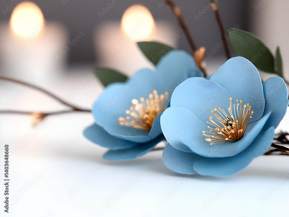 Two Light Blue Flowers with Golden Centers Next to Burning Candles on White Surface Creates a Warm Ambiance