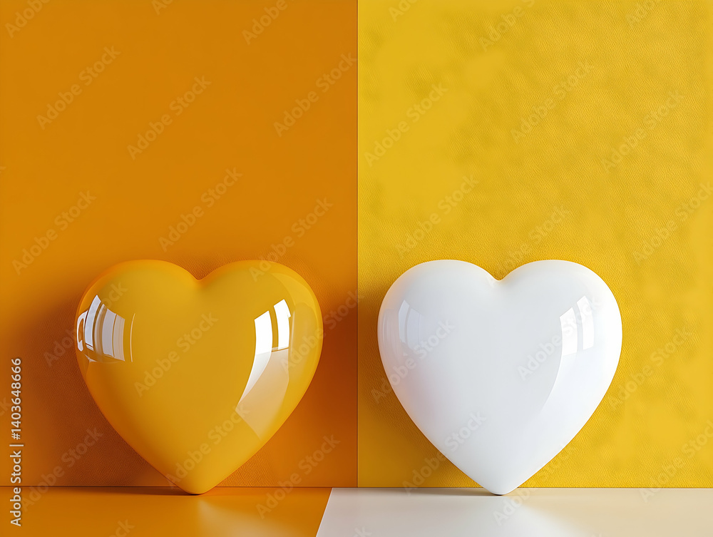 Two Hearts in a Split Orange and Yellow Tone Background Symbolizing Love and Affection with a Smooth Reflective Surface and Textured Backdrop