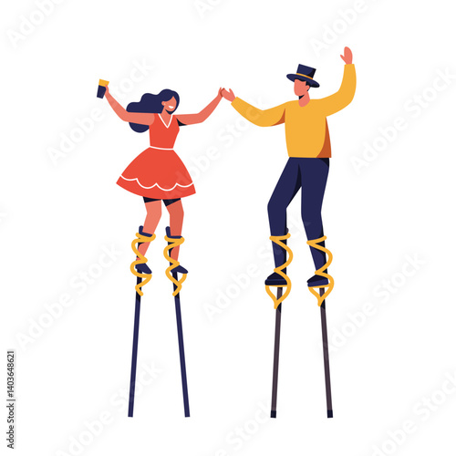 Two performers on stilts dancing joyfully at a festive outdoor event