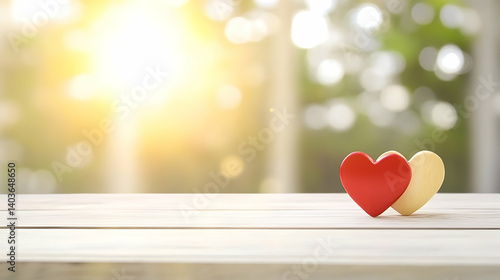Obraz na płótnie Two Hearts on Wooden Table Against Bright Bokeh Background For Affection Romantic Minimal Valentine Theme w salonie