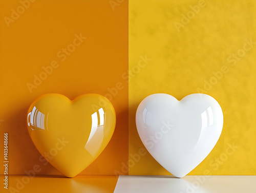 Obraz na płótnie Two Hearts in a Split Orange and Yellow Tone Background Symbolizing Love and Affection with a Smooth Reflective Surface and Textured Backdrop w salonie
