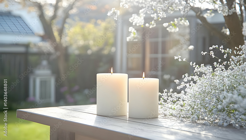 Two Lit White Candles with Blooming White Flowers on an Outdoor Table with Garden Background