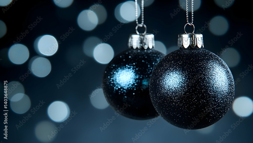 Two Navy Christmas Baubles with Glitter Detail Hanging on Dark Background with Bokeh Lights