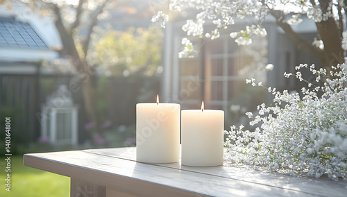 Obraz na płótnie Two Lit White Candles with Blooming White Flowers on an Outdoor Table with Garden Background w salonie