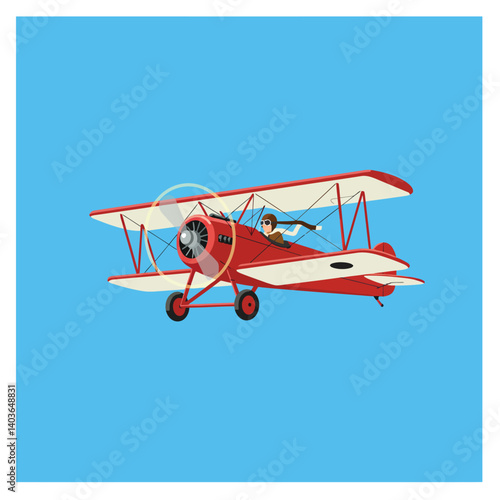 Vintage biplane flying through a clear blue sky with a pilot onboard