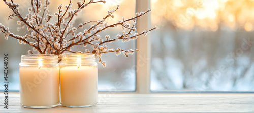 Two Lit Candles with Bare Branches near Window in Winter Scenery Creating Warm and Cozy Atmosphere with Soft Glow on White Wooden Table