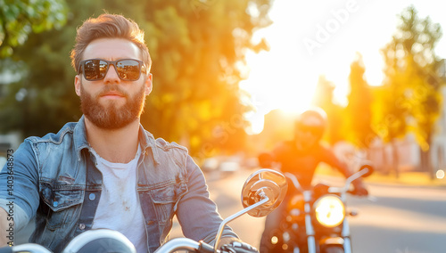 Obraz na płótnie Two Men Riding Motorbikes on a Sunny Road with Lens Flare Wearing Sunglasses and Denim Jackets w salonie