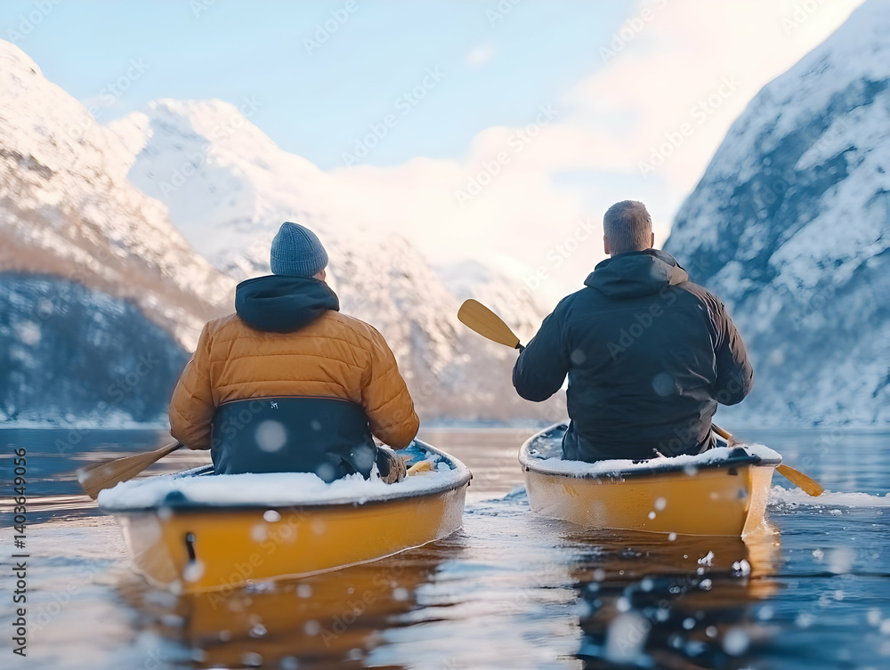Two People Canoeing on a Calm Lake Surrounded by Snow Capped Mountains During Winter in Norway