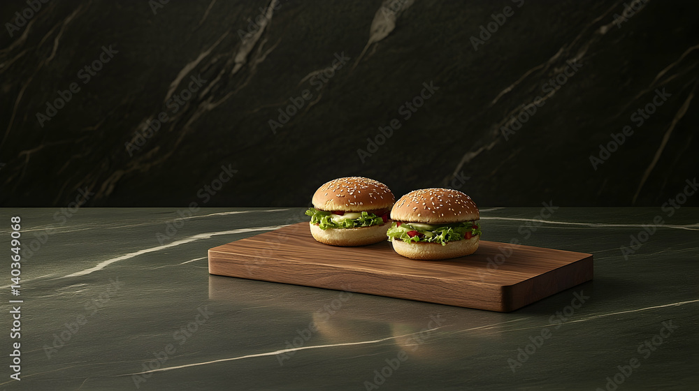 Two Pixelated Gourmet Burgers with Sesame Seed Buns on Brown Wooden Board with Dark Marble Background an AI Rendered Image