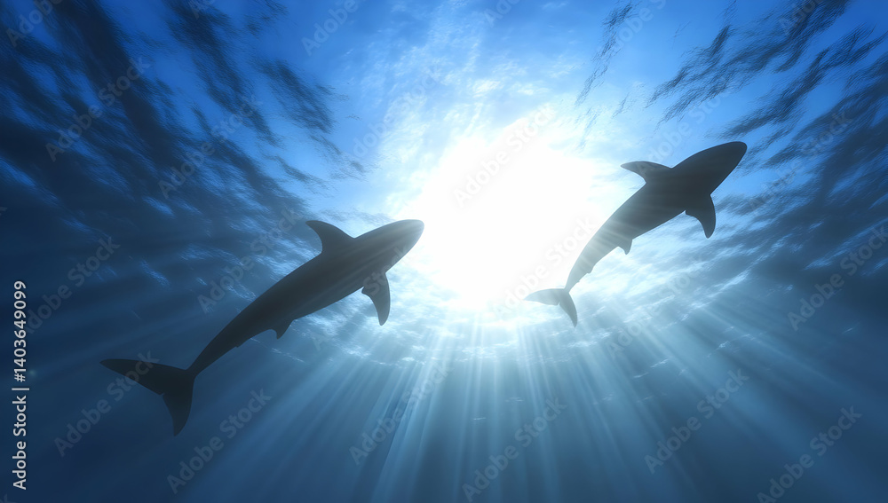 Two Pixelated Sharks Silhouetted Against Sunlight Rays Underwater in Deep Blue Ocean