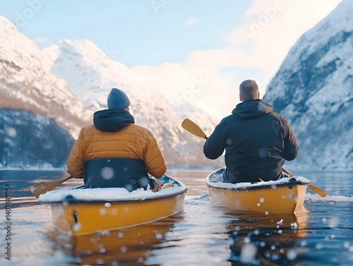 Obraz na płótnie Two People Canoeing on a Calm Lake Surrounded by Snow Capped Mountains During Winter in Norway w salonie