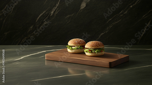 Obraz na płótnie Two Pixelated Gourmet Burgers with Sesame Seed Buns on Brown Wooden Board with Dark Marble Background an AI Rendered Image w salonie