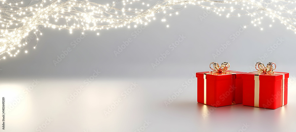 Two Red Christmas Gifts with Gold Ribbons under Decorative Lights on Gray Background
