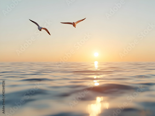 Obraz na płótnie Two Seagulls Flying Above Calm Blue Ocean at Sunrise with Golden Light Reflection in Clear Sky and Horizon w salonie