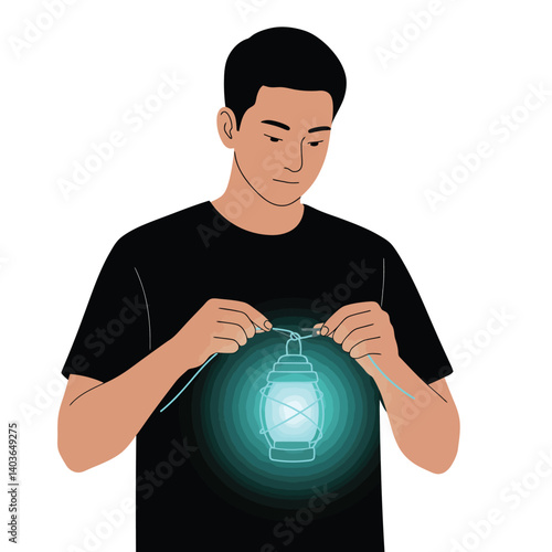 Young man assembling a glowing lantern with careful attention and focused expression