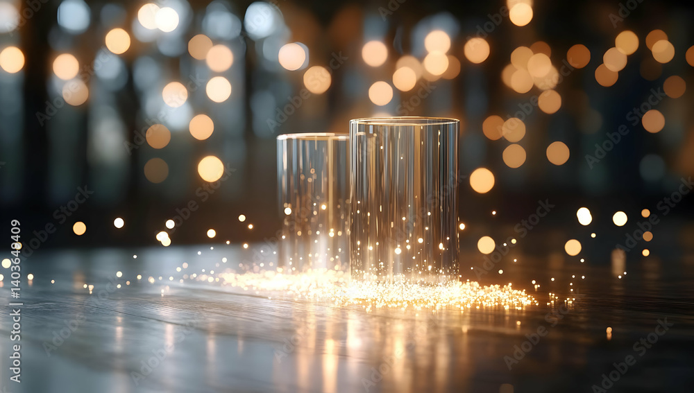 Two Sparkling Glass Water Glasses on Dark Table with Warm Bokeh Background