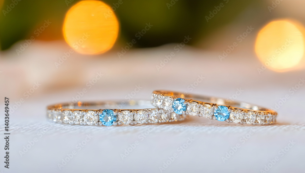 Two Sparkling Wedding Rings Adorned with Blue Gemstones on an Elegant White Tablecloth