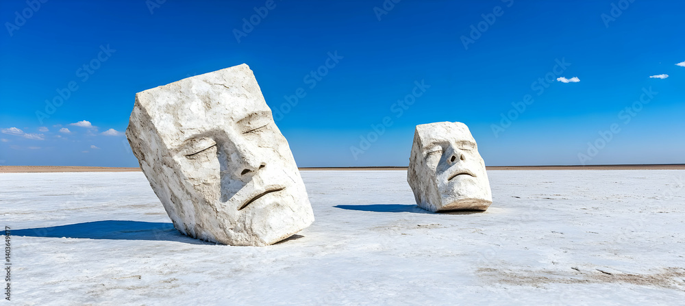 Two Stone Face Sculptures at Arid Land Under Blue Sky in Sunny Weather with Long Distance Ground Horizon