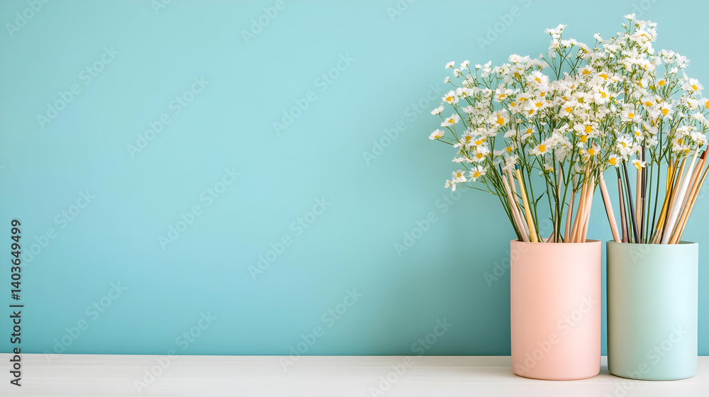 Two Vases Full of Daisies in Pastel Shades on White Table Against Soft Blue Background Still Life