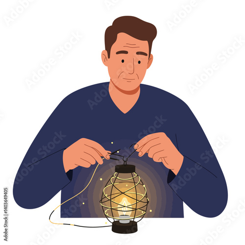 Man assembling a lantern with careful attention to detail and craftsmanship